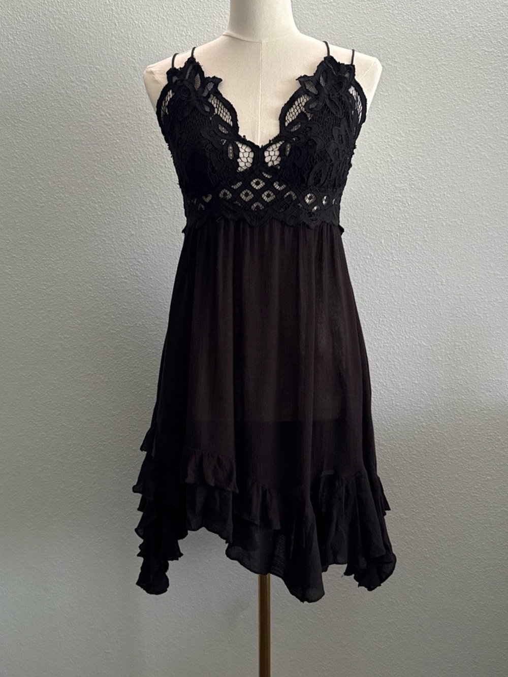 Free People FP One Black Lace Crochet Babydoll Slip Dress Boho Fairycore Medium